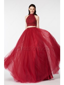 Crystals Sparkly Two Piece Ball Gown Burgundy Prom Dress Long