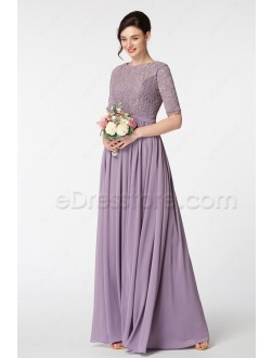 Wisteria Purple Modest Bridesmaid Dress with Elbow Sleeves