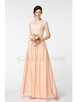 Lace Chiffon Peach Modest Bridesmaid Gown