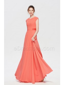 Modest Beaded Coral Bridesmaid Dresses