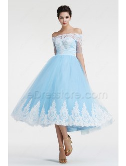 Blue Off the Shoulder Vintage Prom Dresses with Sleeves