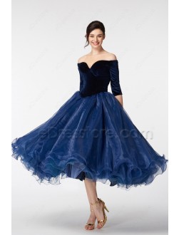 Navy Blue Off the Shoulder Ball Gown VIntage Prom Dress with Sleeves