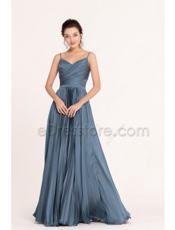 Slate Blue Pleated Long Prom Dresses Spaghetti Straps
